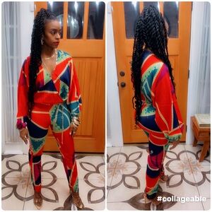 Red and Blue Geometric Jumpsuit with Bold Design